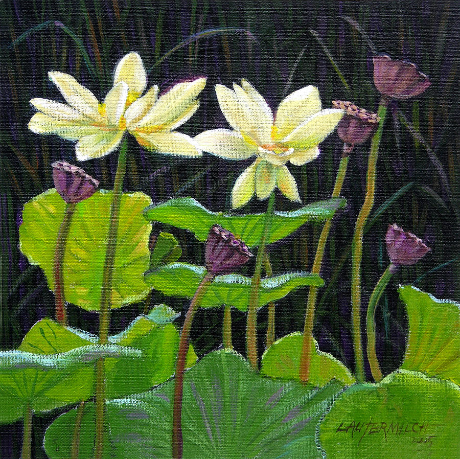 Touching Lotus Blooms Painting by John Lautermilch