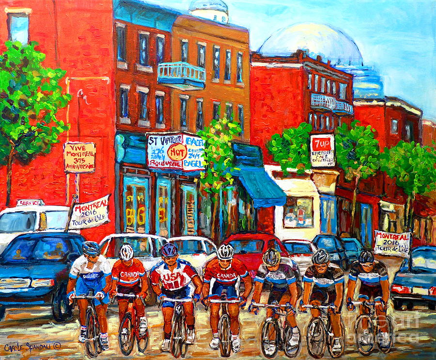 Tour De Lile Montreal Cyclists St Viateur Street Scene Painting Canadian Art Carole Spandau         Painting by Carole Spandau