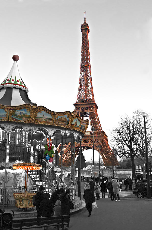 Tour Eiffel and carrousel color and black and white by pedro cardona Photograph by Pedro Cardona Llambias