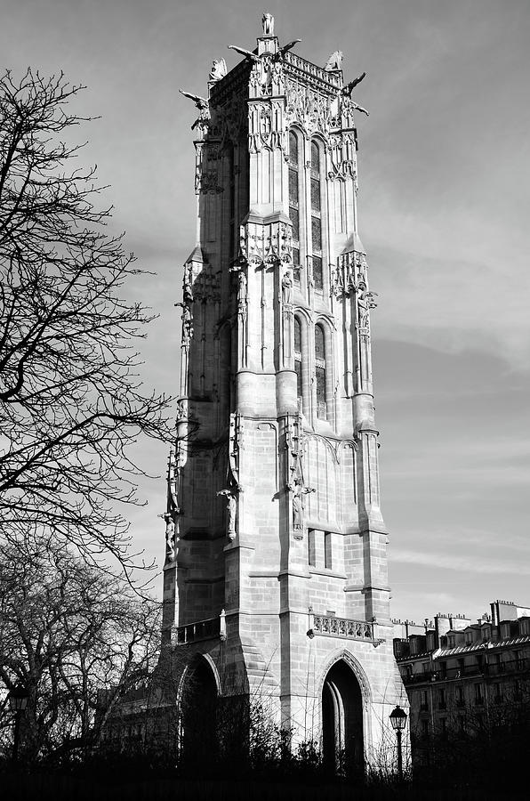 Tour Saint-Jacques Gothic Bell Tower Paris France Black and White Photograph by Shawn OBrien