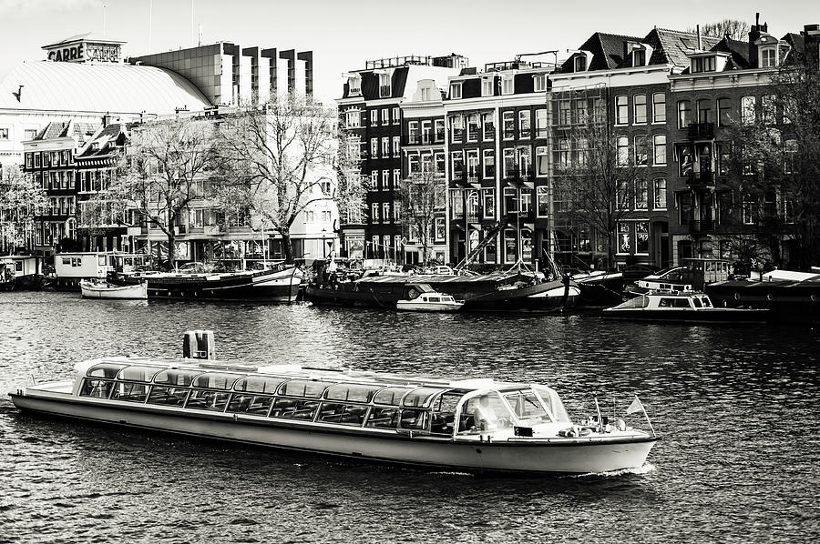 Touristic Boat at Amsterdam Canal. Monochrome Photograph by Jenny Rainbow