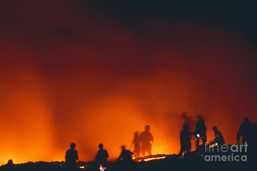 Hawaii Volcanoes National Park Photograph - Tourists Watch Lava Flow by Bob Abraham - Printscapes
