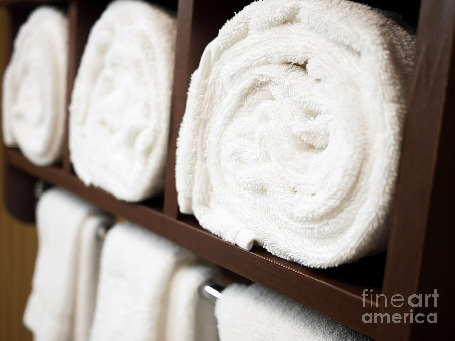 Bathroom Photograph - Towel Rack with Rolled Towels by Paul Velgos