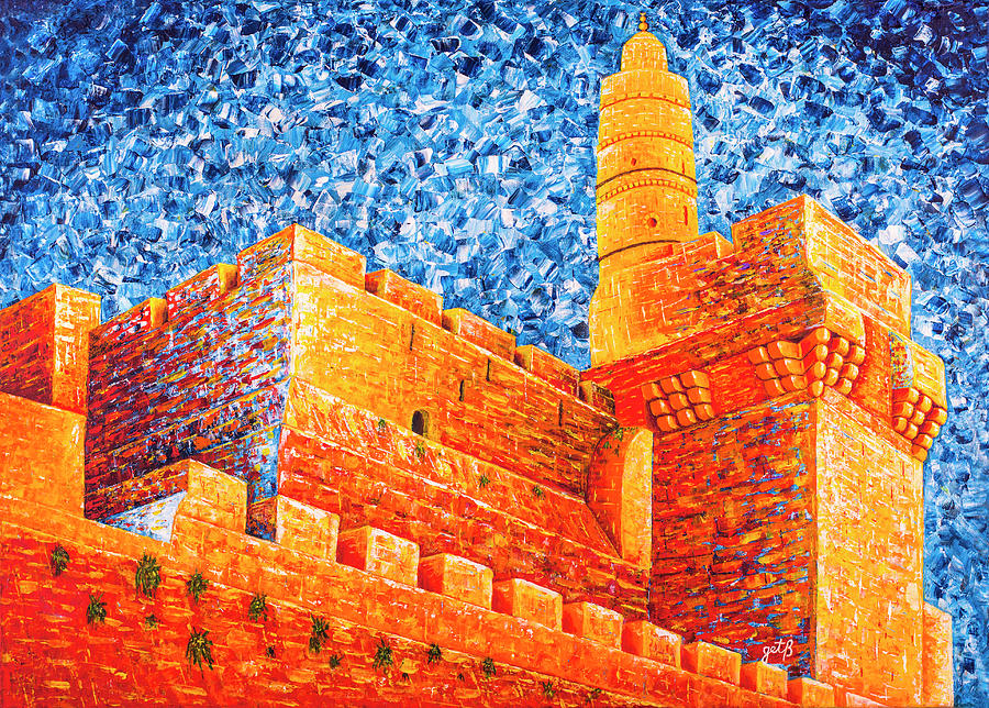 Tower Of David At Night Jerusalem Original Palette Knife Painting Painting