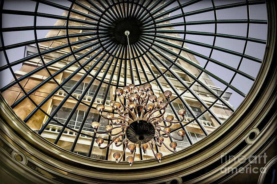 Tower Through Glass Dome in Bellagio Ceiling Photograph by Walt Foegelle