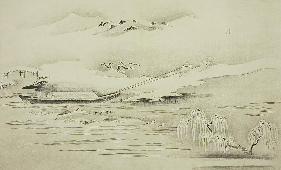 Kitagawa Utamaro Painting - Towing a Barge in the Snow by Kitagawa Utamaro