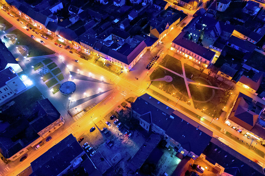 Town of Krizevci main square aerial night view Photograph by Brch Photography