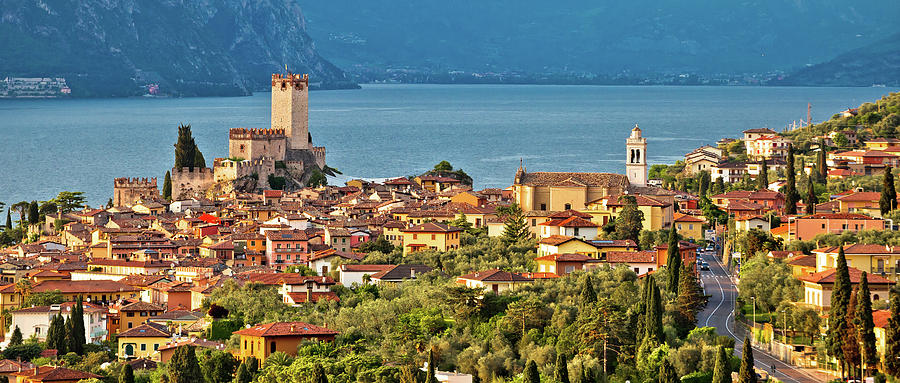 Town of Malcesine on Lago di Garda historic skyline panoramic vi Photograph by Brch Photography
