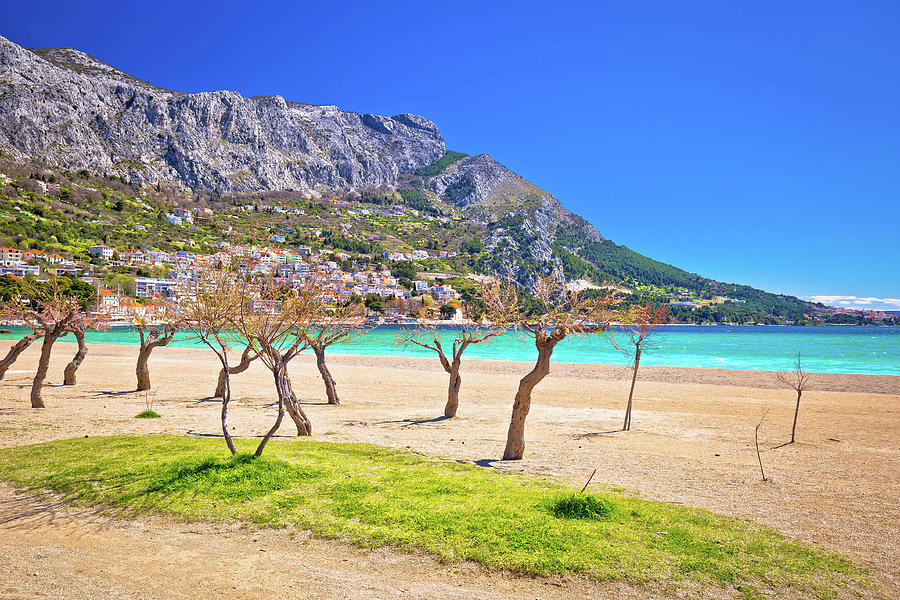 Town of Omis sand beach and Biokovo mountain coastline view Photograph by Brch Photography
