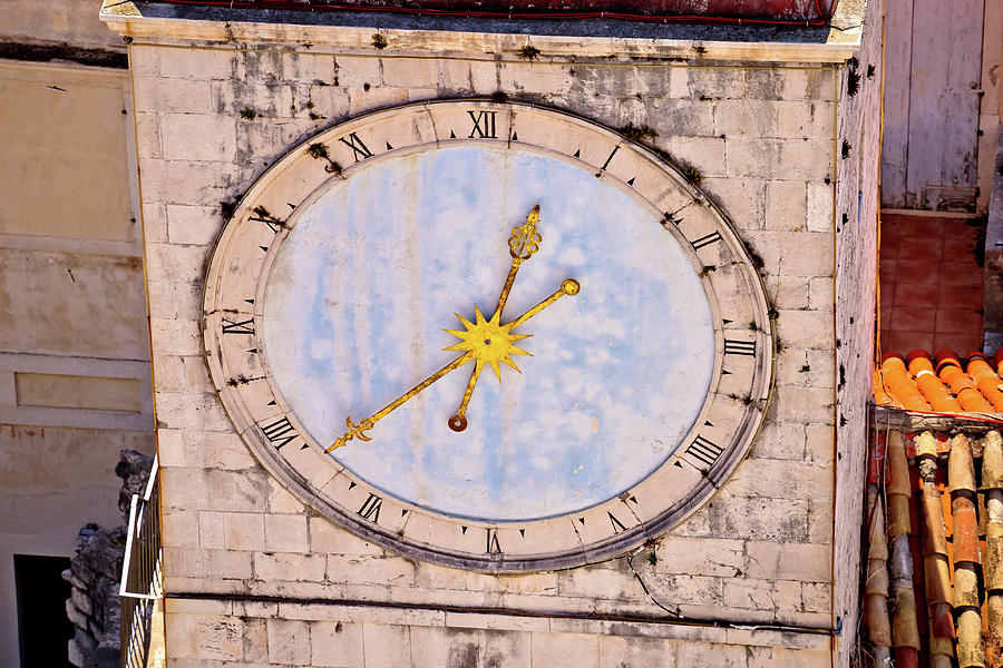 Town of Trogir main square clock tower closeup view Photograph by Brch Photography