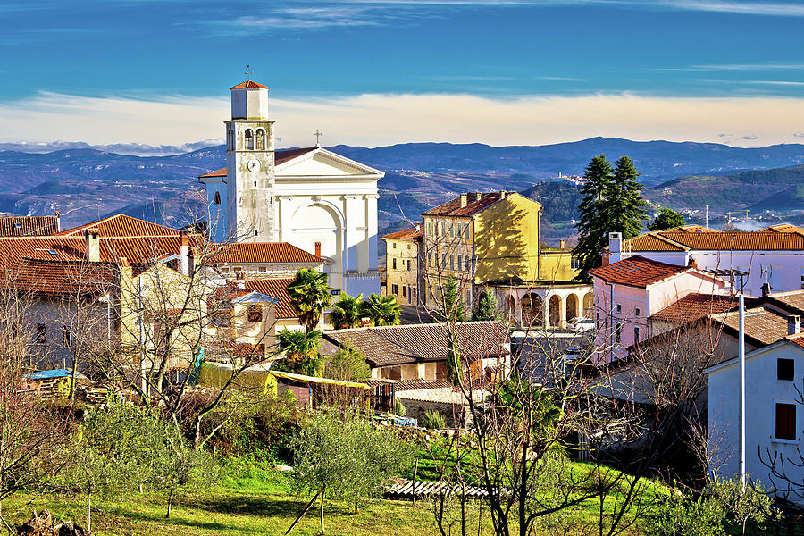 Town of Vizinada church and skyline above istrian landscape view Photograph by Brch Photography