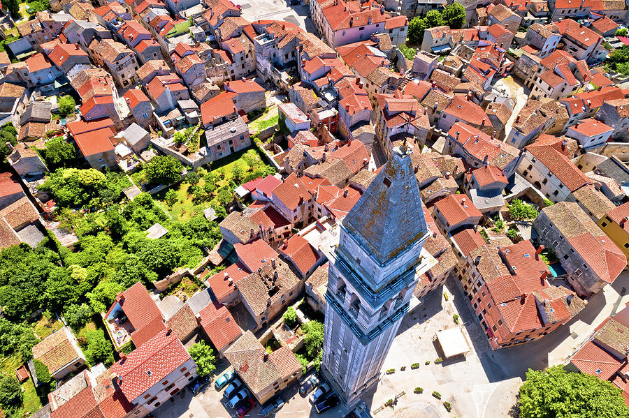 Town of Vodnjan tower and rooftops aerial view Photograph by Brch Photography