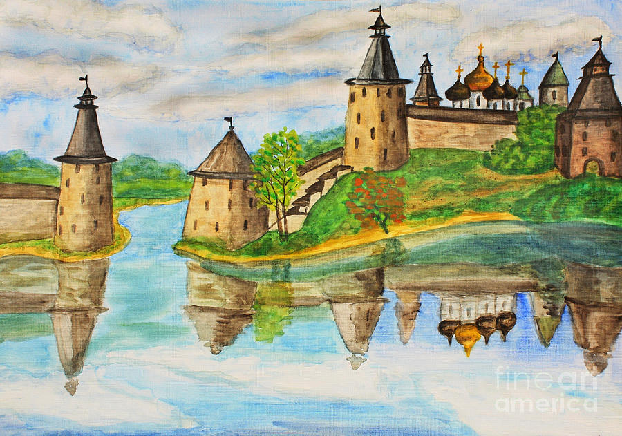 Town Pskov in Russia, hand drawn painting Painting by Irina Afonskaya