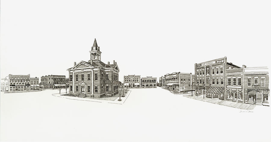 Town Square 1912 Marion Illinois Drawing by Shawn Vincelette