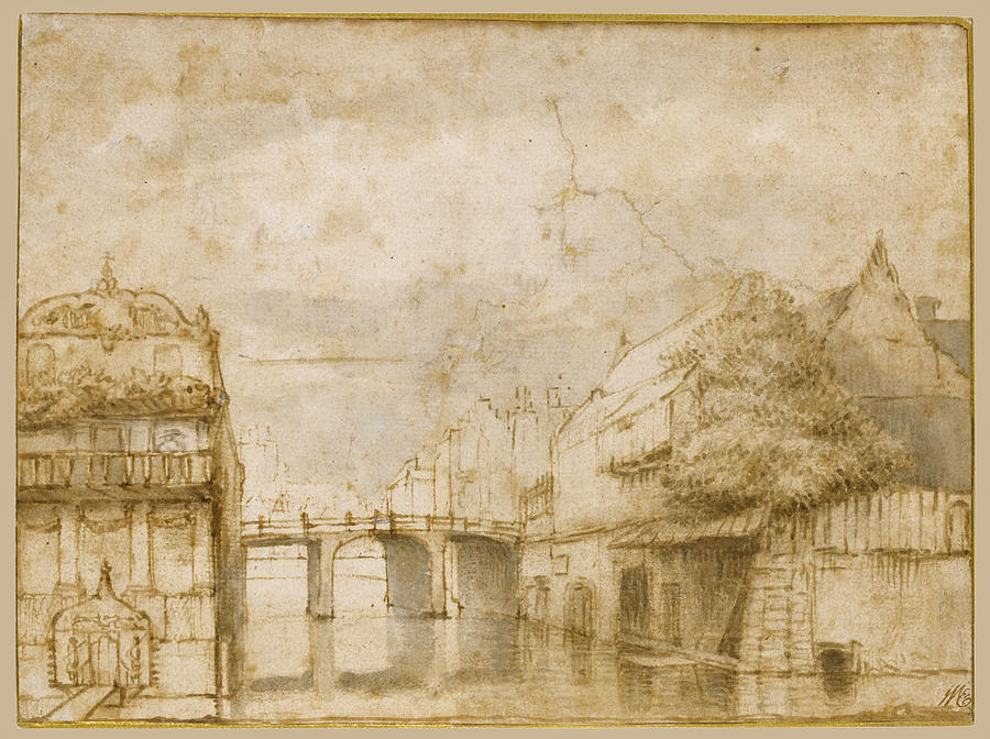 Town view with a bridge Drawing by Abraham Furnerius