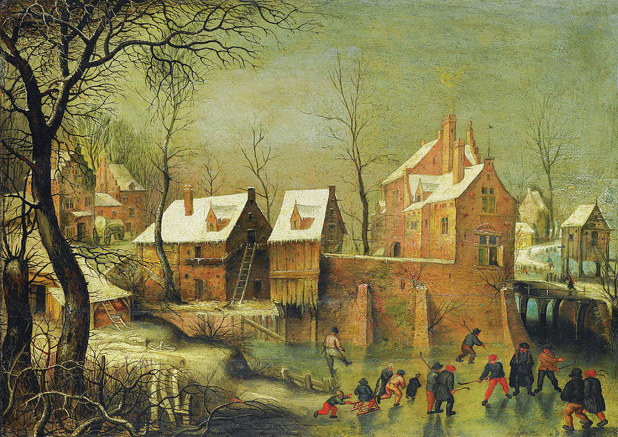 Townscape with Skaters on a Frozen River  Painting by Jacob Grimmer
