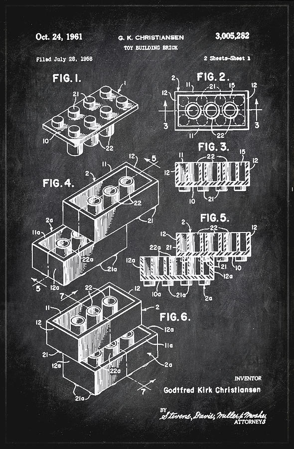 Toy Building Brick Patent Drawing 1b Mixed Media by Brian Reaves