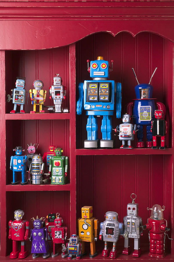 Toy Photograph - Toy robots on shelf  by Garry Gay