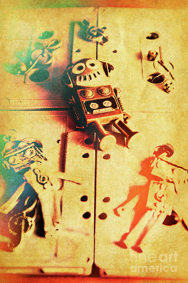 Toy robots on vintage cassettes Photograph by Jorgo Photography