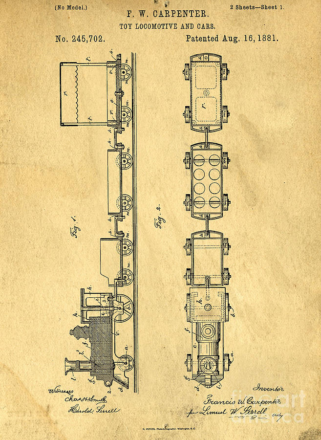 Toy Train Original Vintage Patent Art Drawing by Edward Fielding