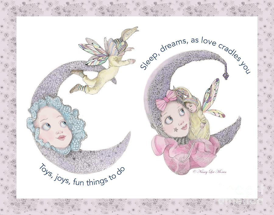 Toys, Joys, Baby And Moon, Lavender Border Drawing by Nancy Lee Moran