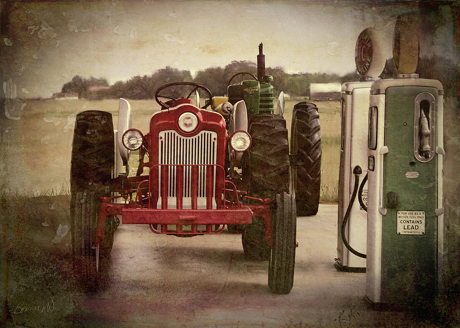 Tractor and gas pumps Pyrography by Bonnie Willis
