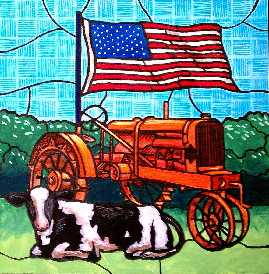 Tractor Cow Flag Painting by Jim Harris