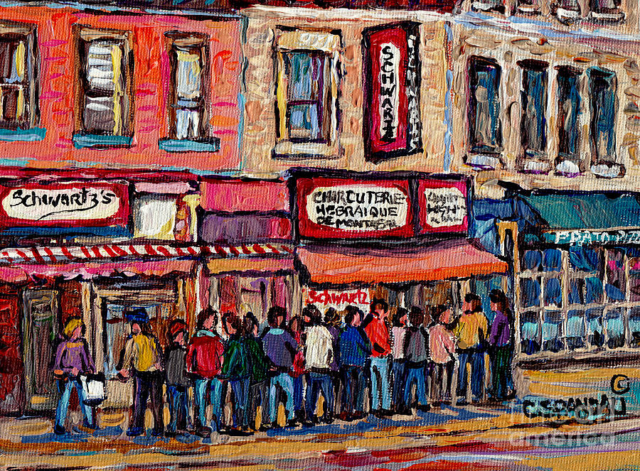 Vintage Painting - Tradition Schwartzs Line-up Montreal Smoked Meat Deli Painting Canadian  City Scene Carole Spandau by Carole Spandau