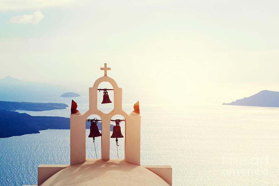 Traditional bells and cross over Aegean sea Photograph by Michal Bednarek
