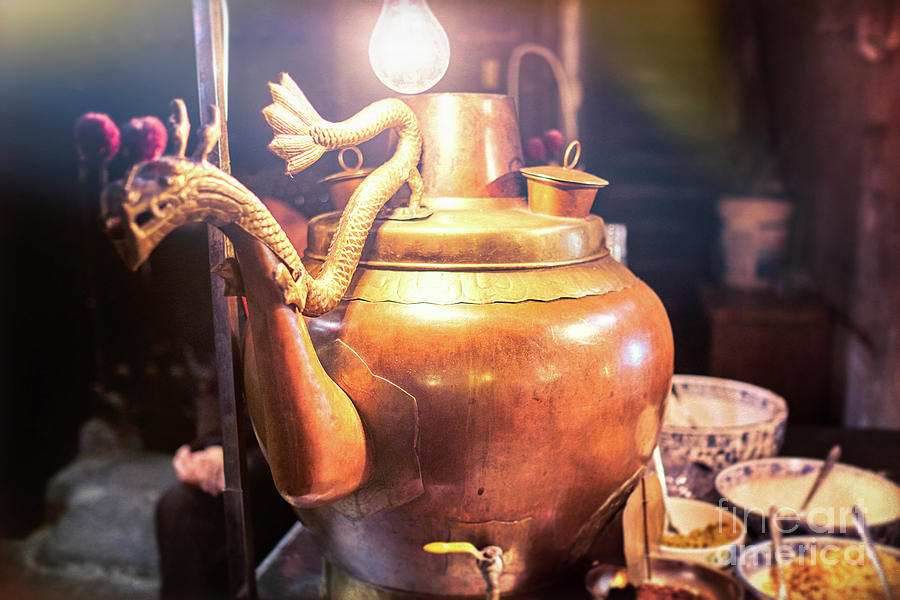 Traditional Chinese Tea Kettle on a Market Stand at Night Photograph by George Oze