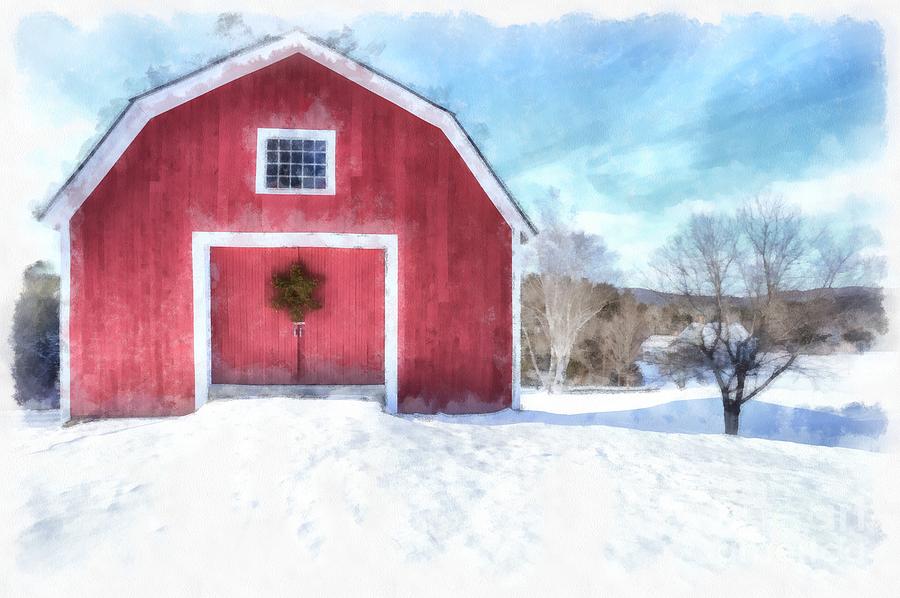 Traditional New England Red Barn in Winter Watercolor Painting by Edward Fielding