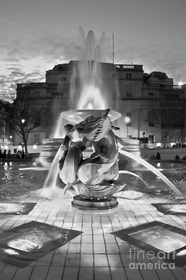 London Photograph - Trafalgar Square Fountain in Black and White by Terri Waters