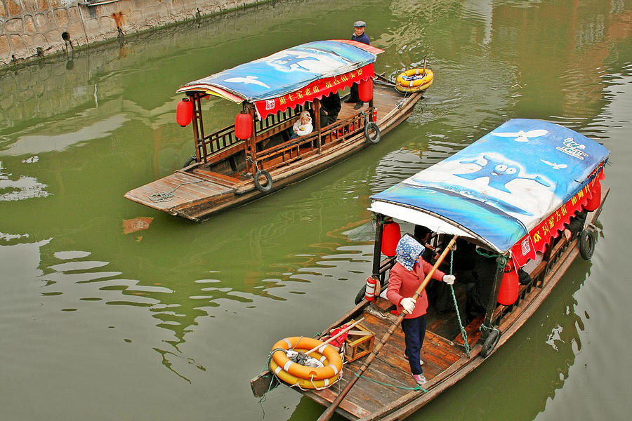 Boat Photograph - Traffic in Qibao - Shanghais local ancient water town by Alexandra Till
