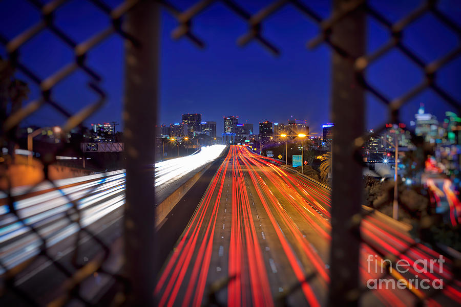 Traffic Light Trails leading to the San Diego Skyline  Photograph by Sam Antonio