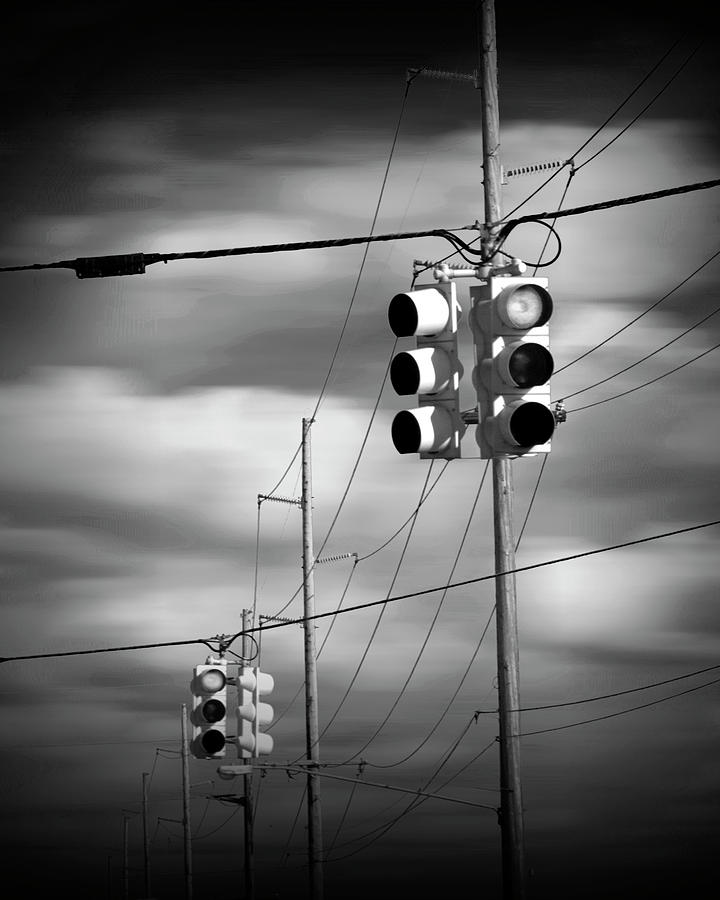 Traffic Lights and Gray Clouds in Black and White Photograph by Randall Nyhof