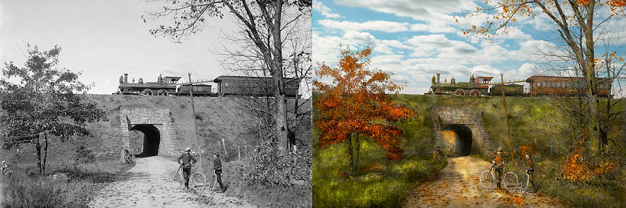 Fall Photograph - Train - Arlington NJ - Enjoying the Autumn Day - 1890 - Side by side by Mike Savad