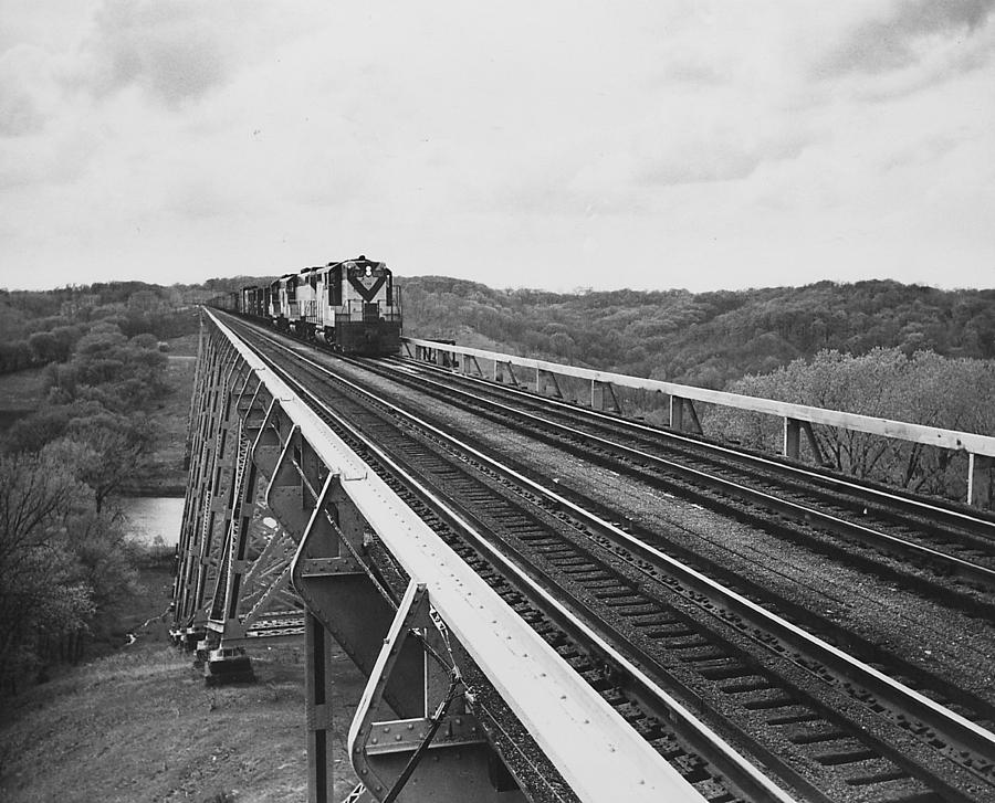 Train Crosses Boone High Bridge - 1959 Photograph by Chicago and North Western Historical Society
