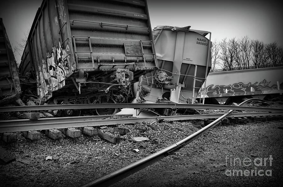 Train Derailed Freight Cars in Black and White Photograph by Paul Ward