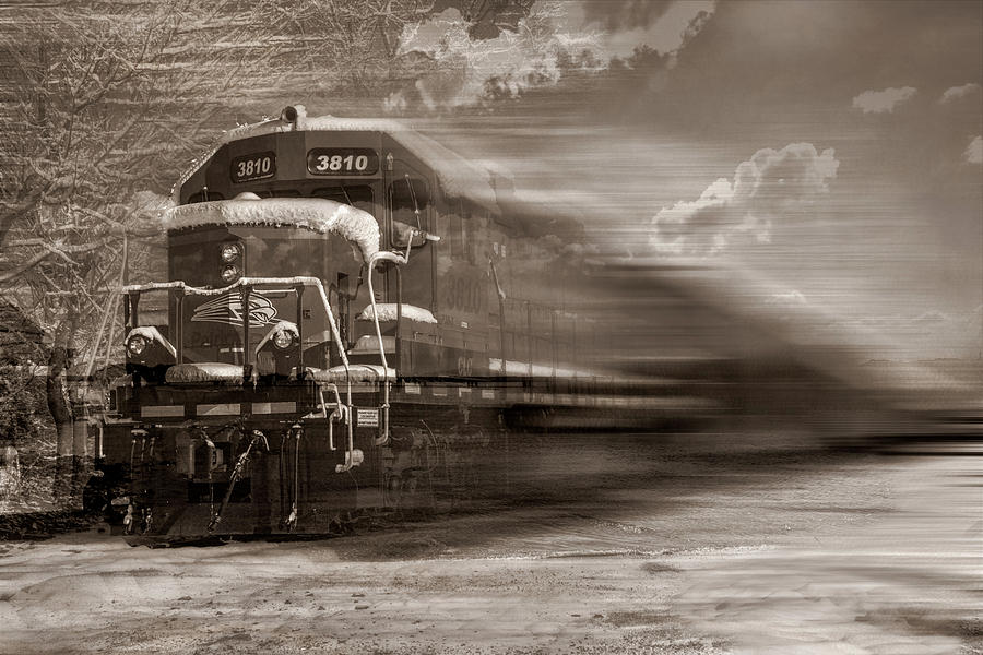 Train in the Snow in Motion Vintage Sepia Photograph by Debra and Dave Vanderlaan
