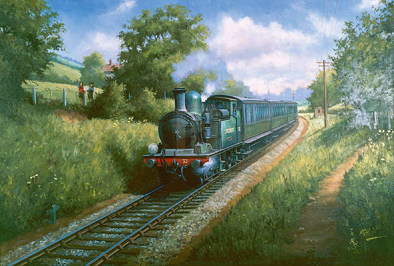 Train on the Isle of Wright. Painting by Mike Jeffries