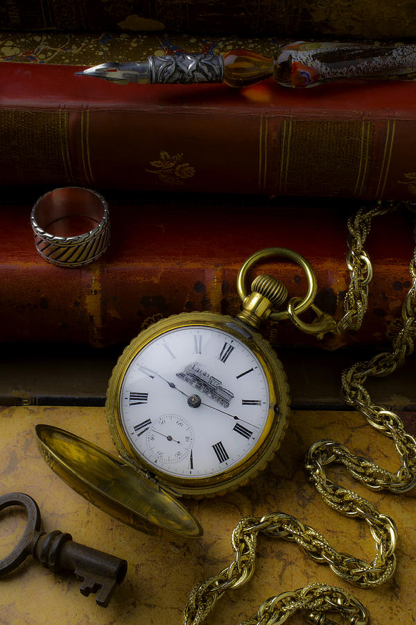 Train Pocket Watch And Old Books Photograph by Garry Gay