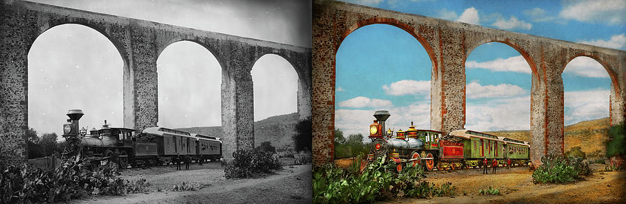 Train - The Aqueduct of Santiago de Queretaro 1885 - Side by Side Photograph by Mike Savad