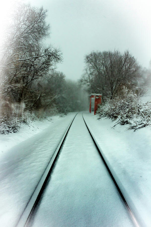 Train Tracks in Snow with Red Shed Photograph by Kevin Argue