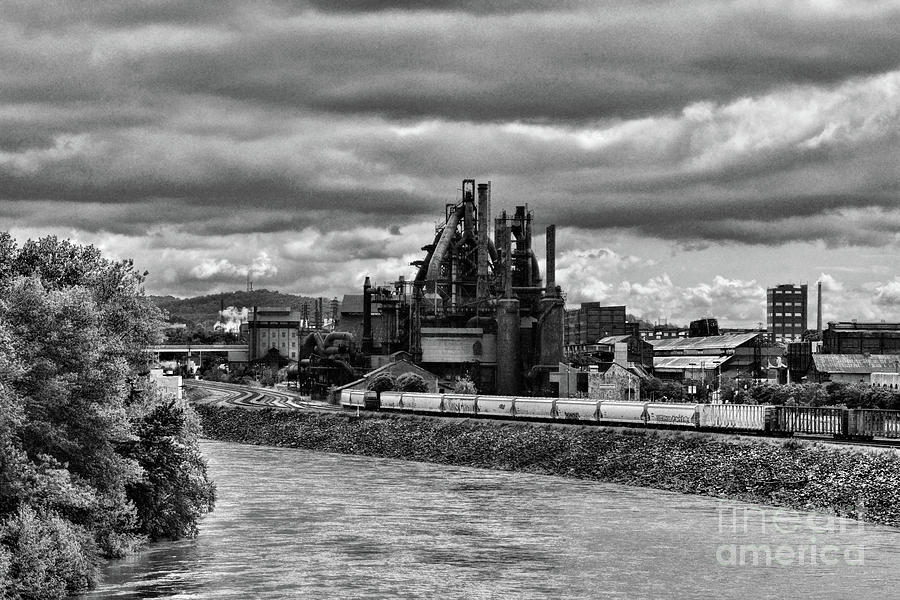 Vintage Photograph - Train Tracks Leading to the Steel Mill in black and white by Paul Ward