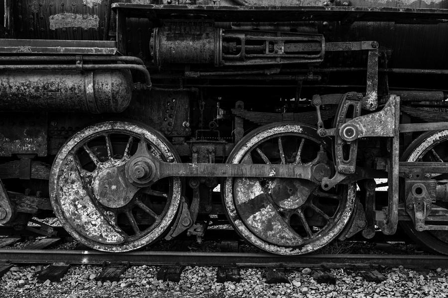 Train Wheels And Connecting Rods Black And White Photograph
