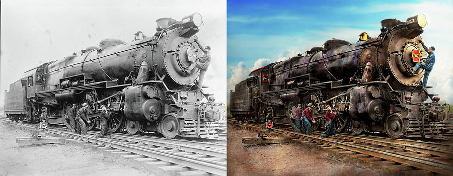 Train - Working on the railroad 1930 - Side by Side Photograph by Mike Savad
