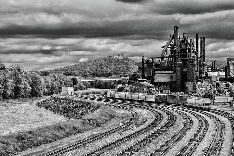 Train Yard by the Old Steel Mill in black and white Photograph by Paul Ward