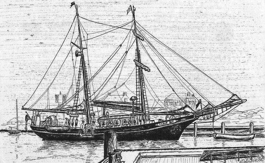 Training Ship Tabor Boy at Woods Hole Town Dock Drawing by Vic Delnore
