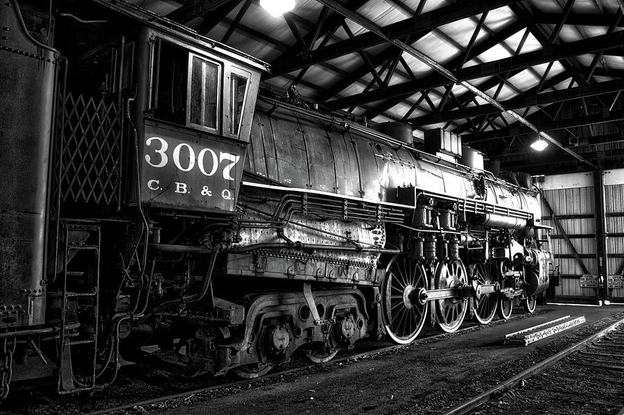 Trains Steam Engine C B and Q 3007 IL Railroad Museum BW Photograph by Thomas Woolworth