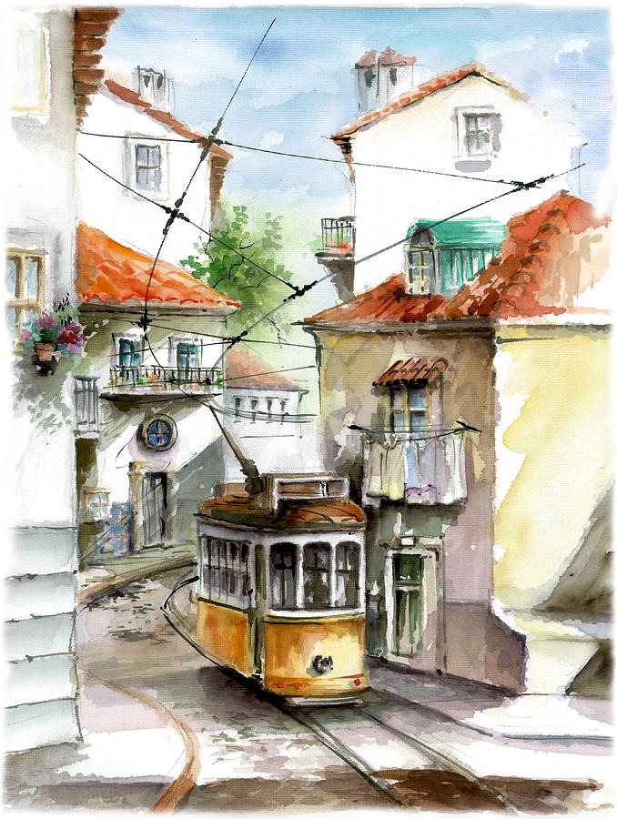 San Francisco Painting - Tram 28 at Graca Lisbon  by Elena Petrova Gancheva